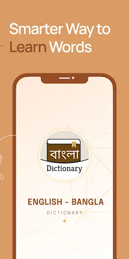 Smartphone screen showcasing English-Bangla Dictionary app with 'Smarter Way to Learn Words' headline and app branding