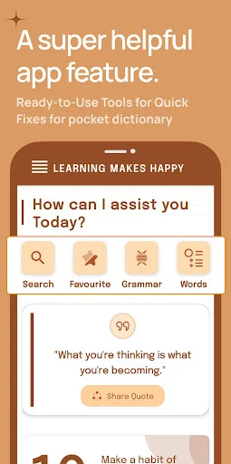 Dictionary app feature screen with 'How can I assist you today' and quick access buttons: Search, Favourite, Grammar, Words
