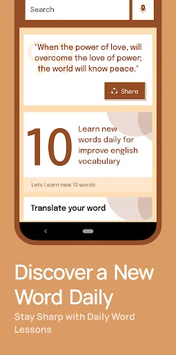 Daily word learning screen showing motivational quote and new word lesson feature for English-Bangla vocabulary building
