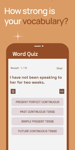 Word Quiz screen displaying grammar test question with multiple choice tense options for vocabulary knowledge assessment