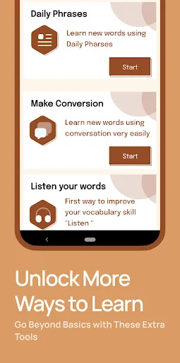 Learning tools screen featuring Daily Phrases, Make Conversion, and Listen functions for vocabulary skill development