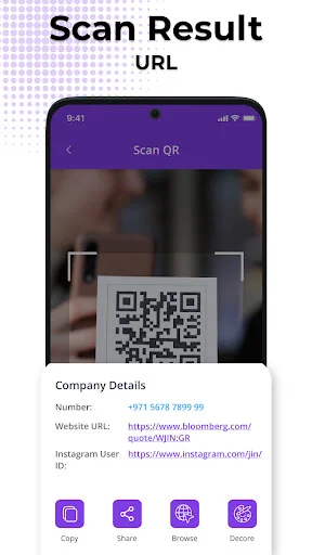 Scan result screen showing URL details with company info and action buttons for copy, share, browse, decode