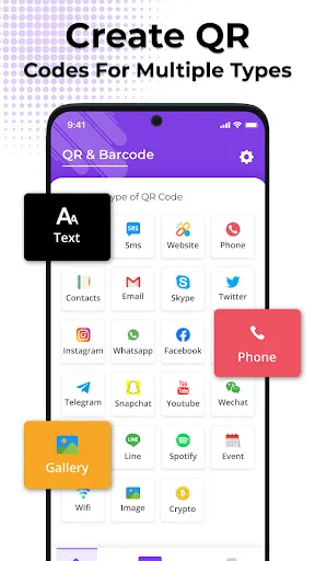 Create QR codes screen displaying multiple type options including text, phone, social media, and gallery