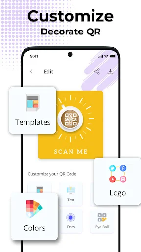 Customize QR code editor with templates, colors, logos, dots, and eye ball design customization options