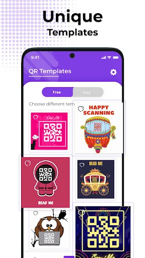 Unique QR code templates gallery showing free and paid decorative designs for personalized scanning