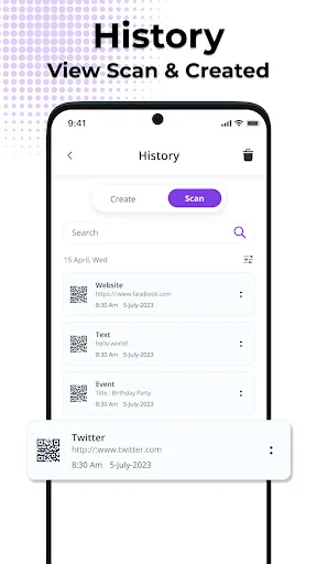 History screen displaying previously scanned and created QR codes with dates and content types listed