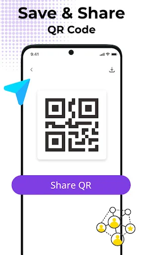 Save and share QR code screen with generated code preview and purple share button for easy distribution