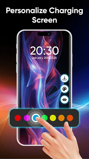 Personalize charging screen with interactive color palette selector and abstract purple-pink wallpaper