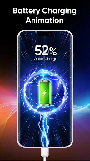 Battery charging animation with 52% quick charge indicator and glowing electric lightning effects