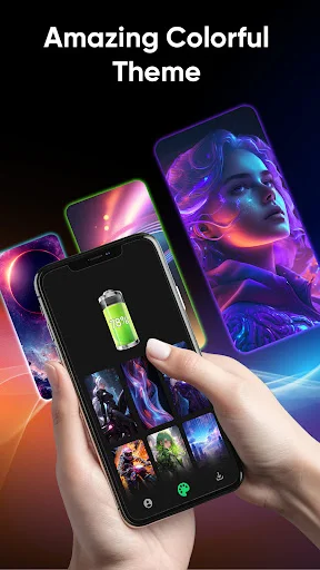 Colorful battery animation theme customizer with vibrant wallpaper options and interactive features