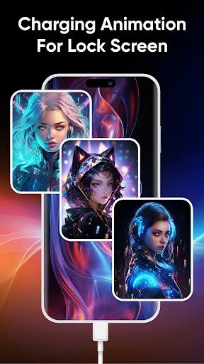 Lock screen charging animations with artistic portrait designs and personalized battery status displays