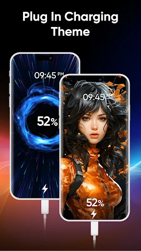 Plug-in charging theme with 52% battery animation and artistic portrait personalization options
