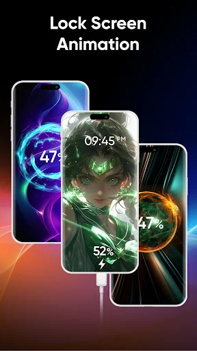 Lock screen animations with personalized battery percentage displays and colorful animated visual effects