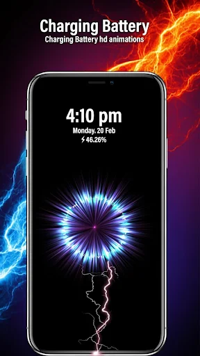 Battery Charging Animation 3D app showing starburst charging animation with time, date, and 46.26% battery level