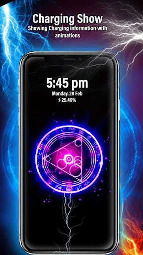 Charging Show feature displaying neon circle animation with bubbles showing time 5:45 pm and 25.46% battery percentage