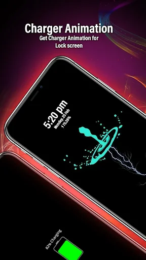 Charger Animation lock screen preview showing cyan charging bolt animation at 5:20 pm with battery indicator