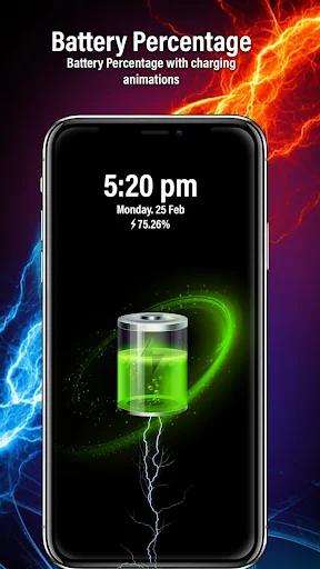 Battery Percentage display with 3D green battery icon showing 75.26% charge level and lightning bolt animation