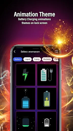 Animation Theme selection screen showing six customizable battery charging animation options including battery and plug icons