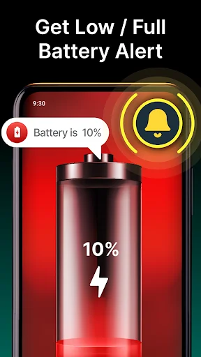 Battery Charge Sound Alert app showing low battery notification at 10% with red battery icon and alert bell