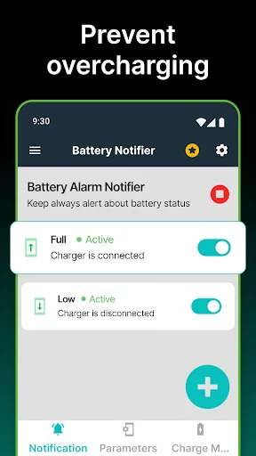 Battery alarm notifier settings screen with toggle switches for full and low battery charge alerts and notifications