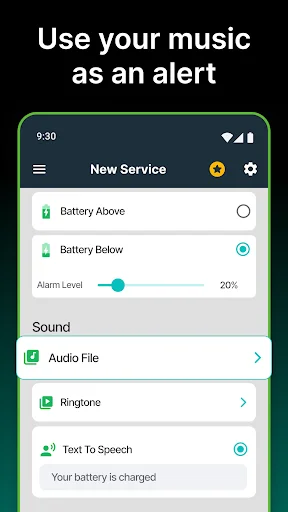Custom alert sound settings screen with options for audio file, ringtone, and text-to-speech battery notifications