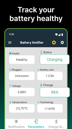 Battery health tracking screen showing charging status, voltage, temperature, and battery parameters at 98% charge