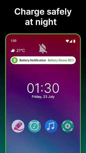 Night charging safety notification displayed on phone lock screen showing battery above 90% alert at 1:30 AM