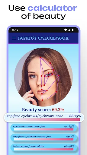 Beauty Calculator app analyzing facial features with symmetry overlay showing 69.3% beauty score and measurements