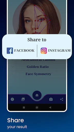 Social sharing dialog with Facebook and Instagram options to share beauty calculation results