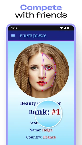 Competition leaderboard showing first place rank with face analysis, name Helga, and France country in Beauty Calculator