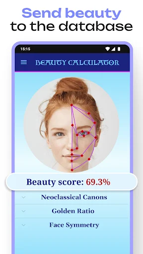 Beauty score results screen displaying 69.3% with options for Neoclassical Canons, Golden Ratio, and Face Symmetry