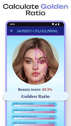 Golden Ratio calculation screen showing facial proportions with beauty score 69.3% and measurement percentages