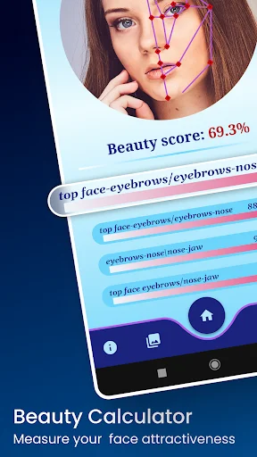 Beauty Calculator interface measuring face attractiveness with detailed facial proportion measurements and score