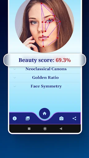 Main results screen showing beauty score with Neoclassical Canons, Golden Ratio, and Face Symmetry navigation menu