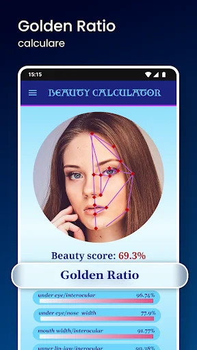 Golden Ratio calculator displaying facial measurements including under-eye, nose width, and mouth proportions