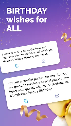 Happy Birthday Wishes app displaying heartfelt birthday messages on purple background with party decorations