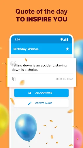 Daily inspirational quote feature with birthday wishes, create image and send options on colorful background