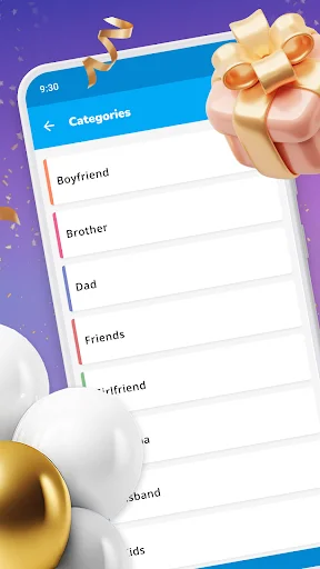 Birthday card categories menu showing Boyfriend, Brother, Dad, Friends options with festive gift box decoration