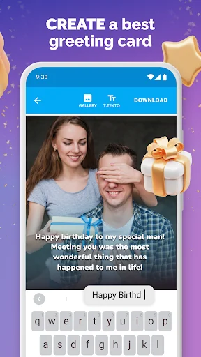 Birthday card maker interface with photo upload, custom text editor, and greeting card creation tools