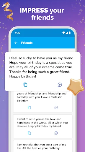Friends birthday wishes collection showing multiple heartfelt messages with copy and share options