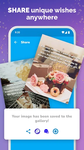Birthday greeting card share screen with save to gallery confirmation and social media sharing buttons