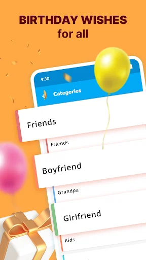 Birthday wishes categories list including Friends, Boyfriend, Grandpa, Girlfriend, Kids with balloon decoration