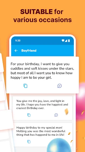 Boyfriend birthday wishes cards showing romantic messages with copy and share functionality
