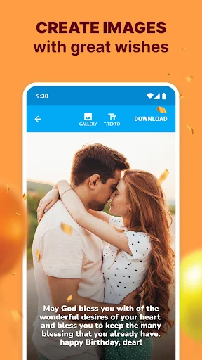 Birthday card editor displaying couple photo with customizable blessing text and download option