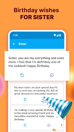 Sister birthday wishes collection featuring loving messages with party hat decoration and copy buttons
