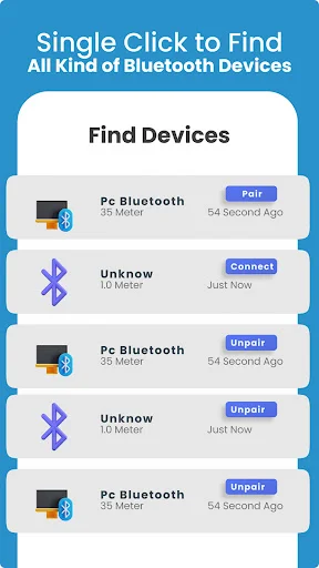 Bluetooth scanner app showing Find Devices button with list of paired and unpaired PC Bluetooth devices