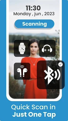 Bluetooth auto connect app quick scan feature showing smartwatch and headphone pairing on lock screen widget