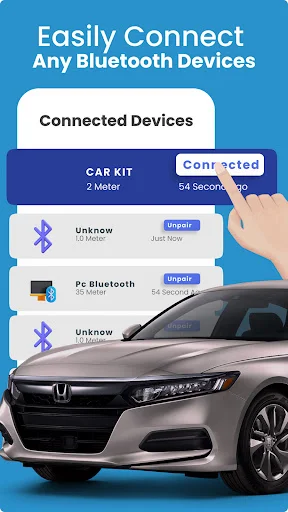 Bluetooth pairing app Connected Devices screen showing car kit and PC Bluetooth with connect status buttons