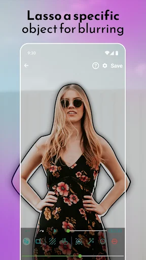 Lasso tool selecting woman in floral dress to apply blur effect in photo editor interface
