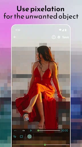 Pixelation effect applied to woman in red dress using video blur editor with timeline controls